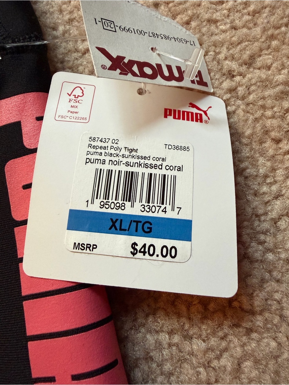 PUMA Repeat Poly Tight Leggings Women XL Black Sun-Kissed Coral NWT - Picture 2 of 5